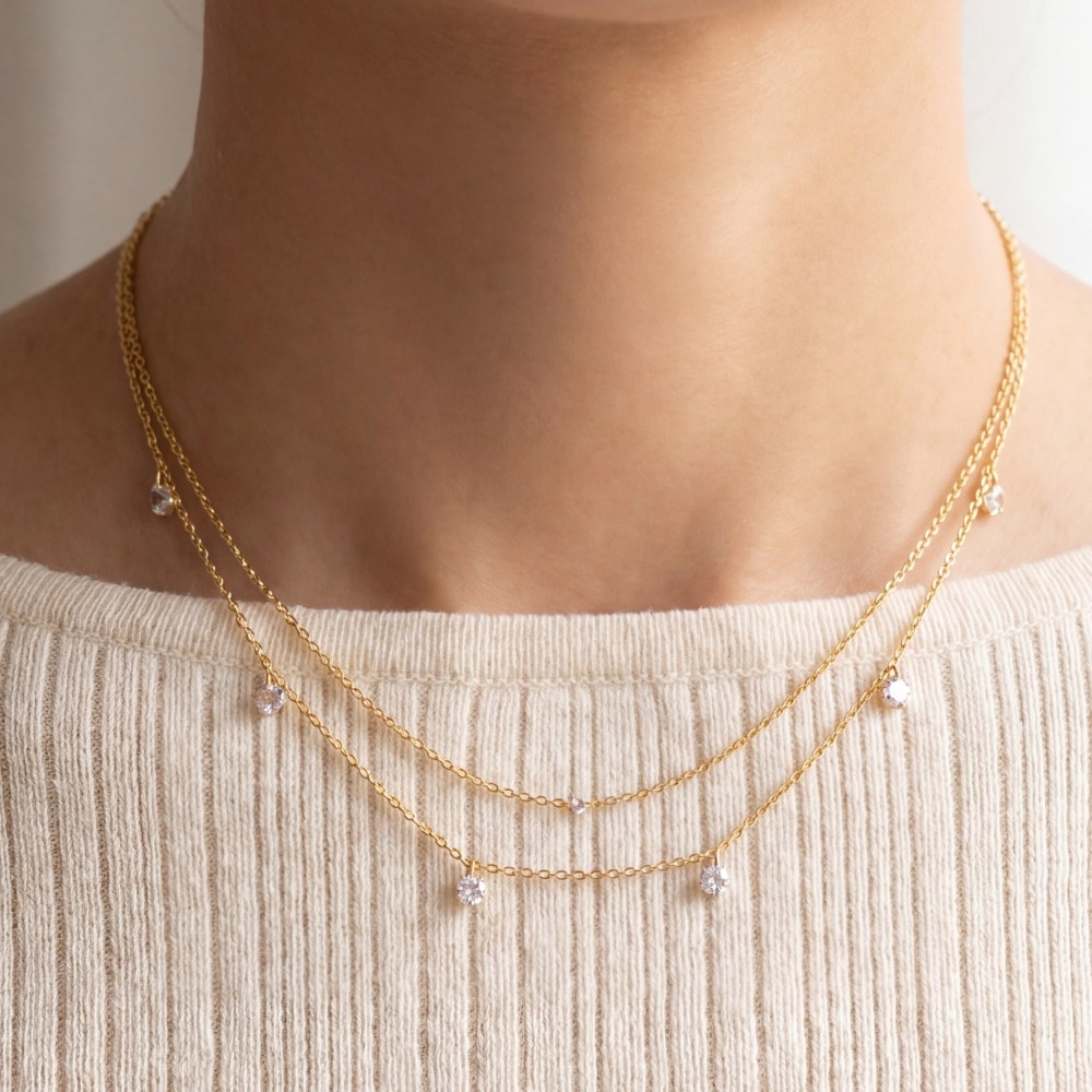 Double Layer Cz Charm Drop Chain Necklace