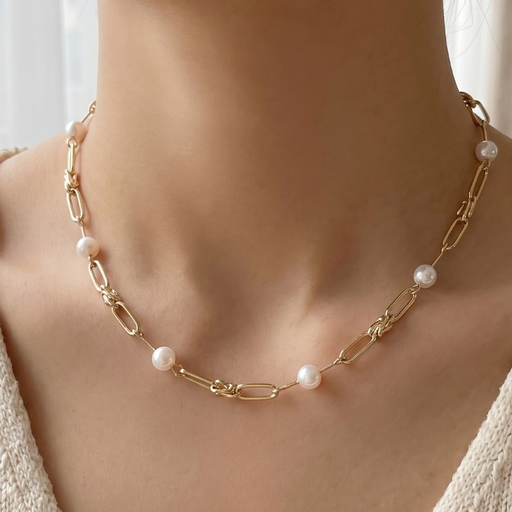 Gold Paperclip Link Chain Pearl Station Necklace