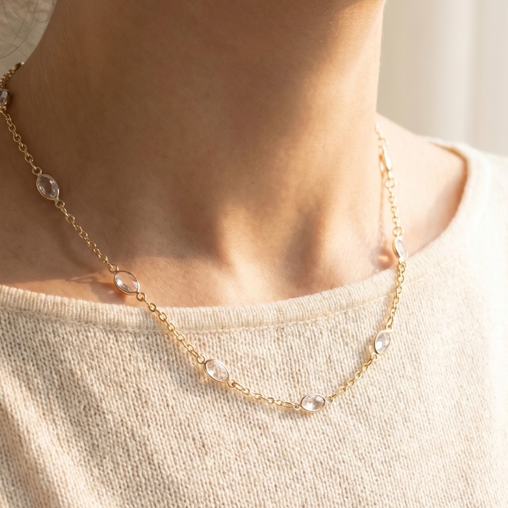 Gold Chain Oval Cz Bezel Station Necklace