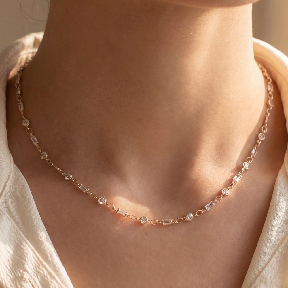 Mixed Round & Baguette Cz Station Necklace
