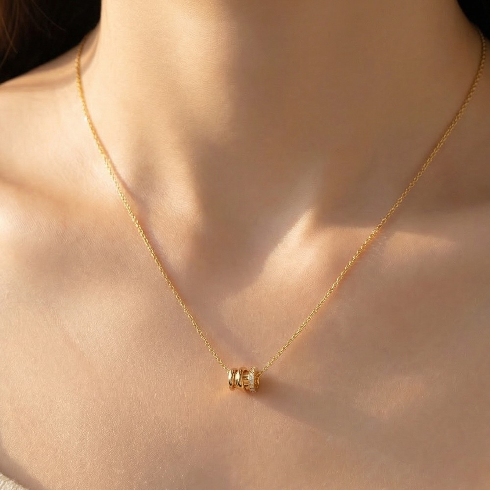 Gold Dipped Cz Ring Bead Pendant Necklace