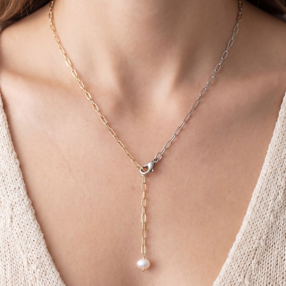 Gold Paperclip Chain Pearl Drop Lariat Necklace