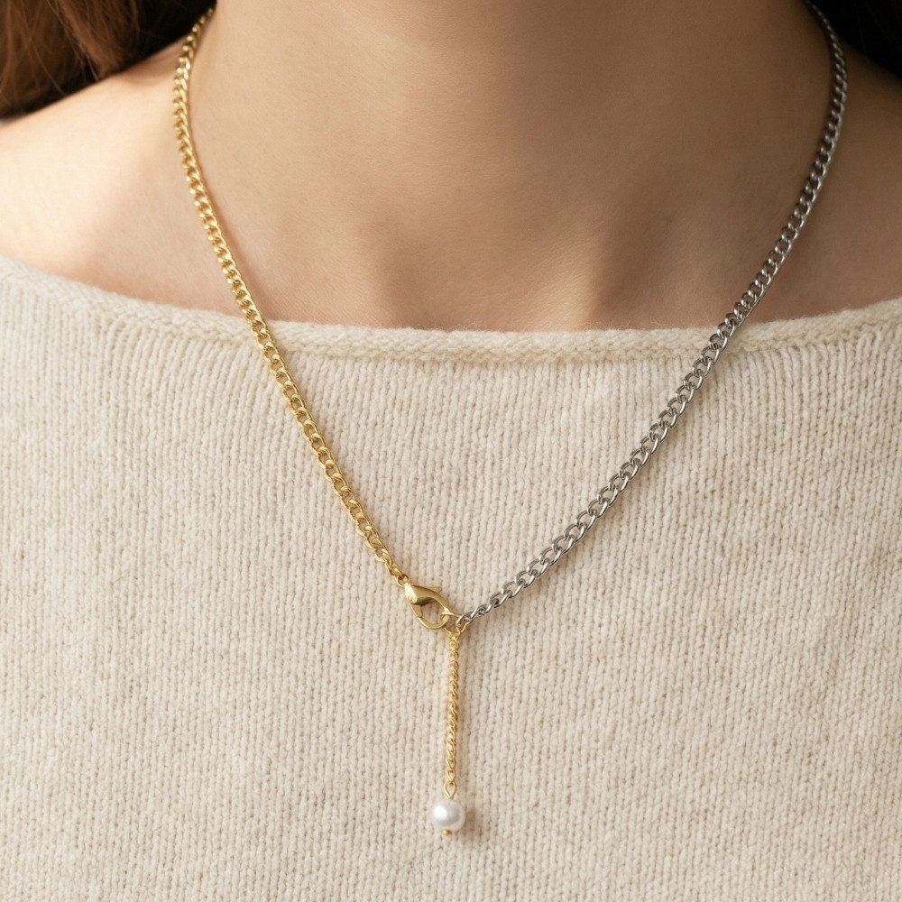 Curb Chain Pearl Drop Lariat Necklace