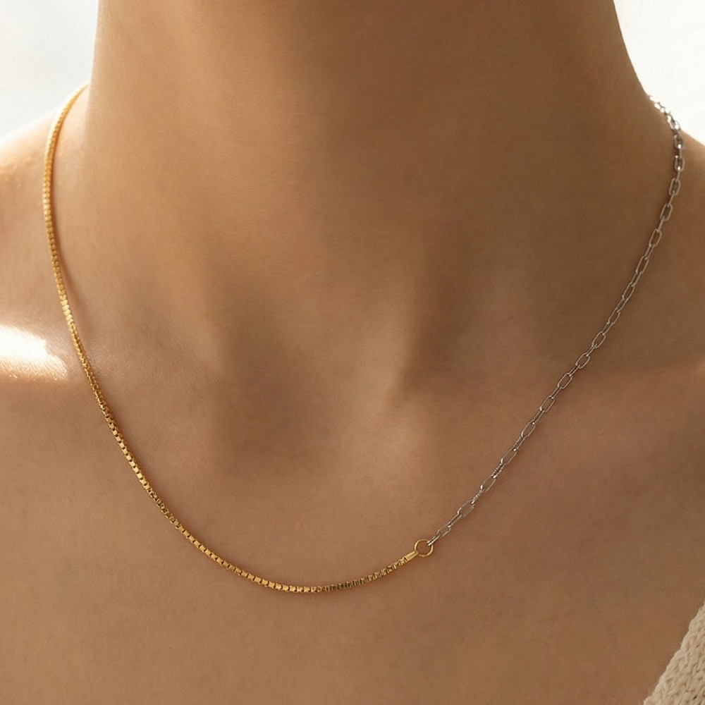 Gold Half Box Half Paperclip Chain Necklace