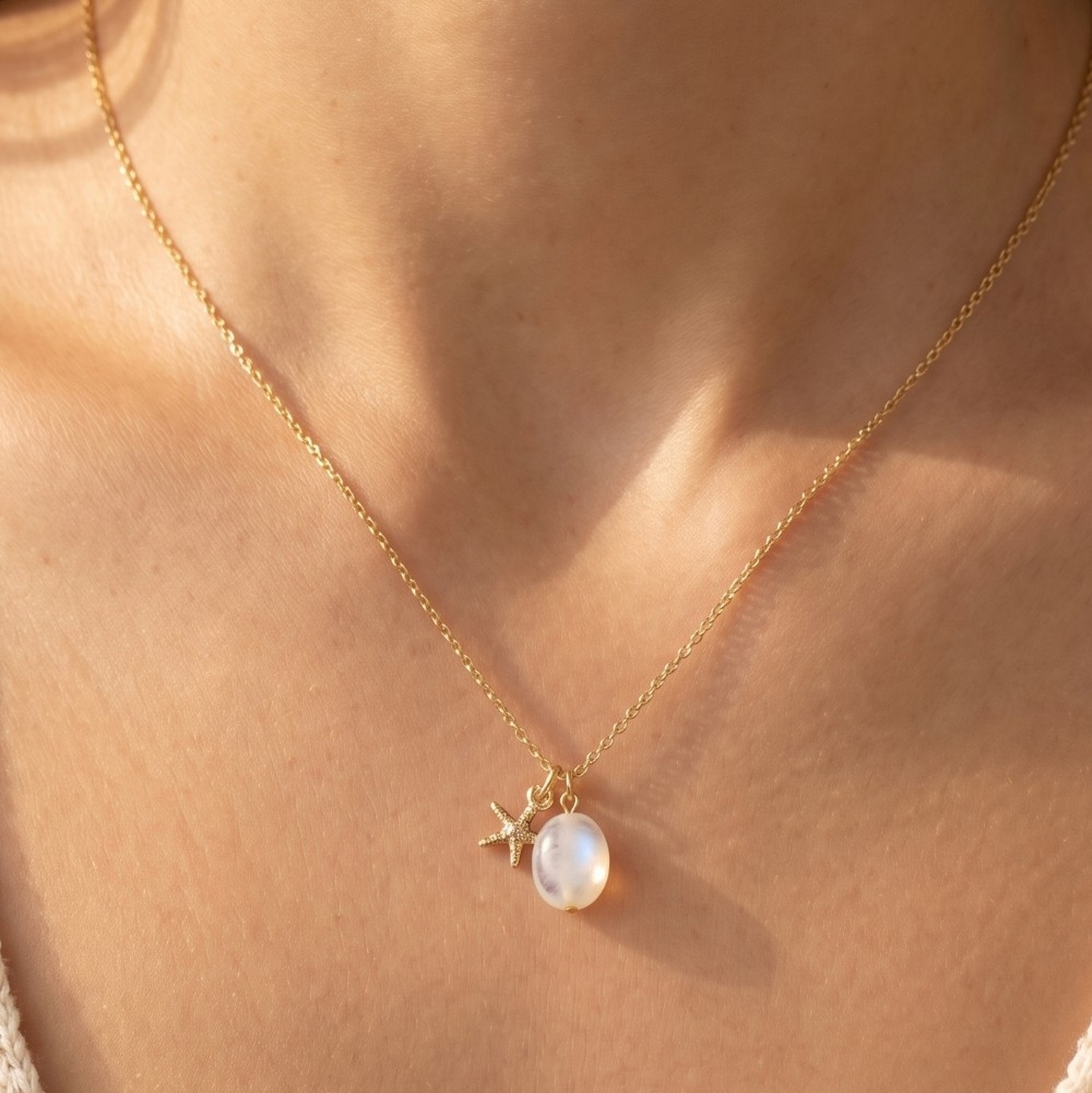 Starfish And Stone Charm Pendant Necklace