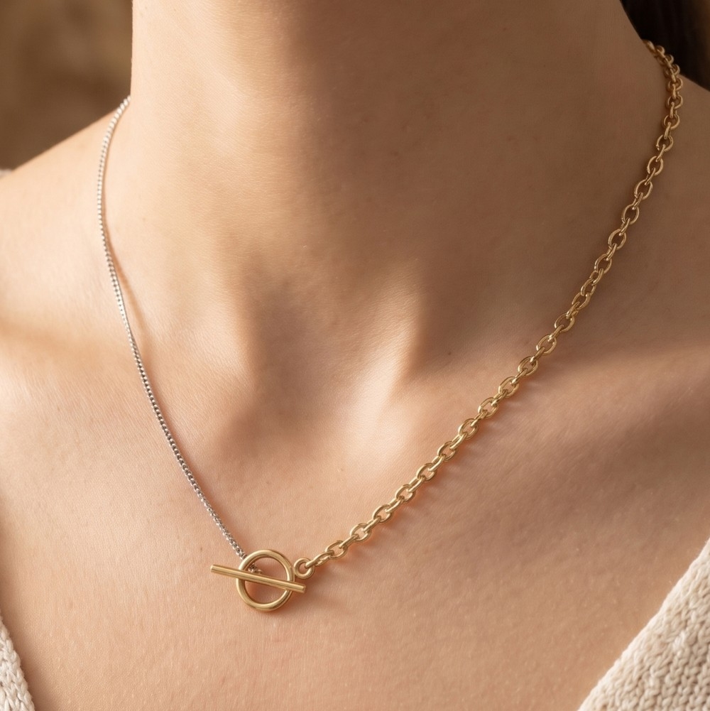 Gold Mixed Chain Toggle Clasp Necklace