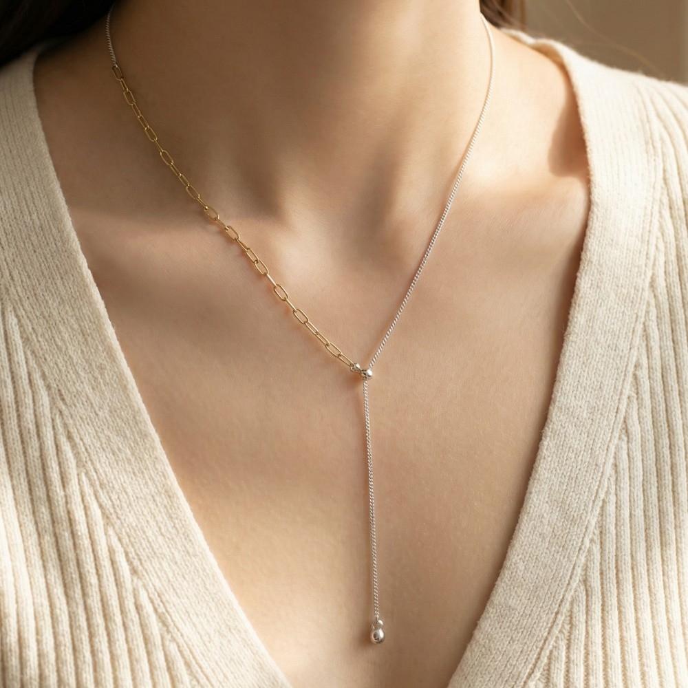 Gold Paperclip Ball Drop Lariat Y Necklace