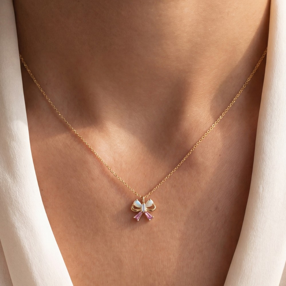 Gold Dipped Cz Multicolor Bow Pendant Necklace
