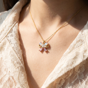 Gold Dipped Cz Multicolor Bow Pendant Necklace