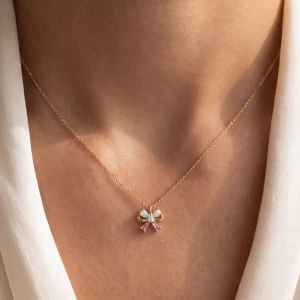Gold Cz Bow Pendant Necklace