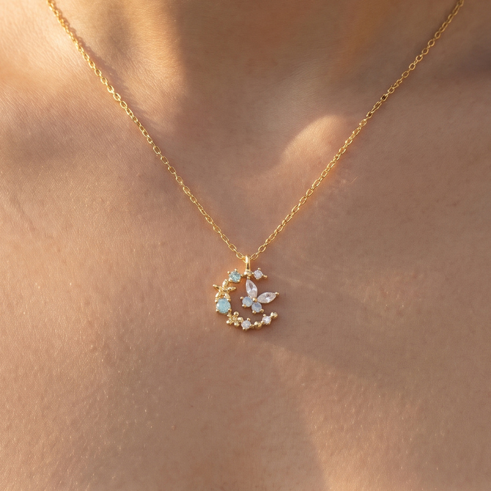 Gold Dipped Cz Moon Star Cluster Pendant Necklace