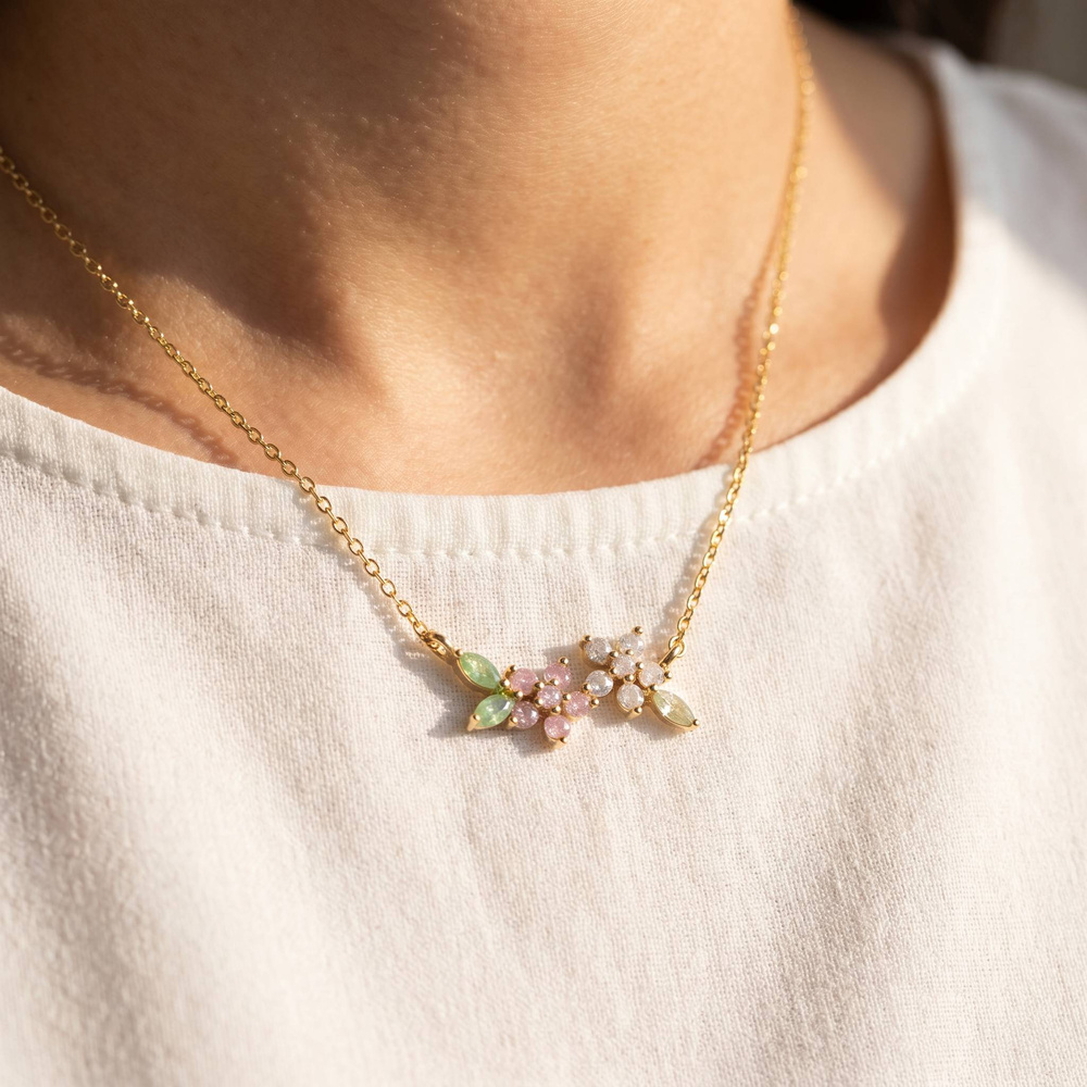 Gold Dipped Cz Floral Cluster Bar Pendant Necklace