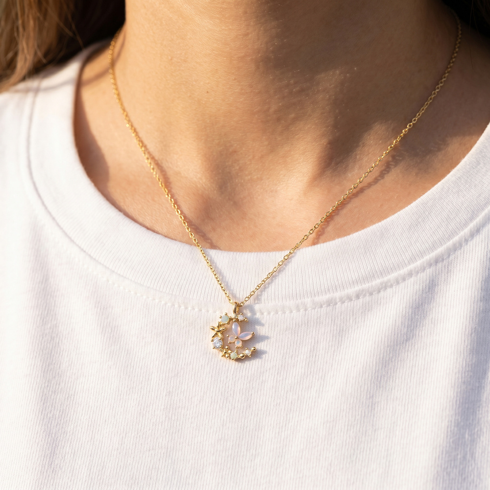 Gold Dipped Cz Moon Floral Lariat Necklace