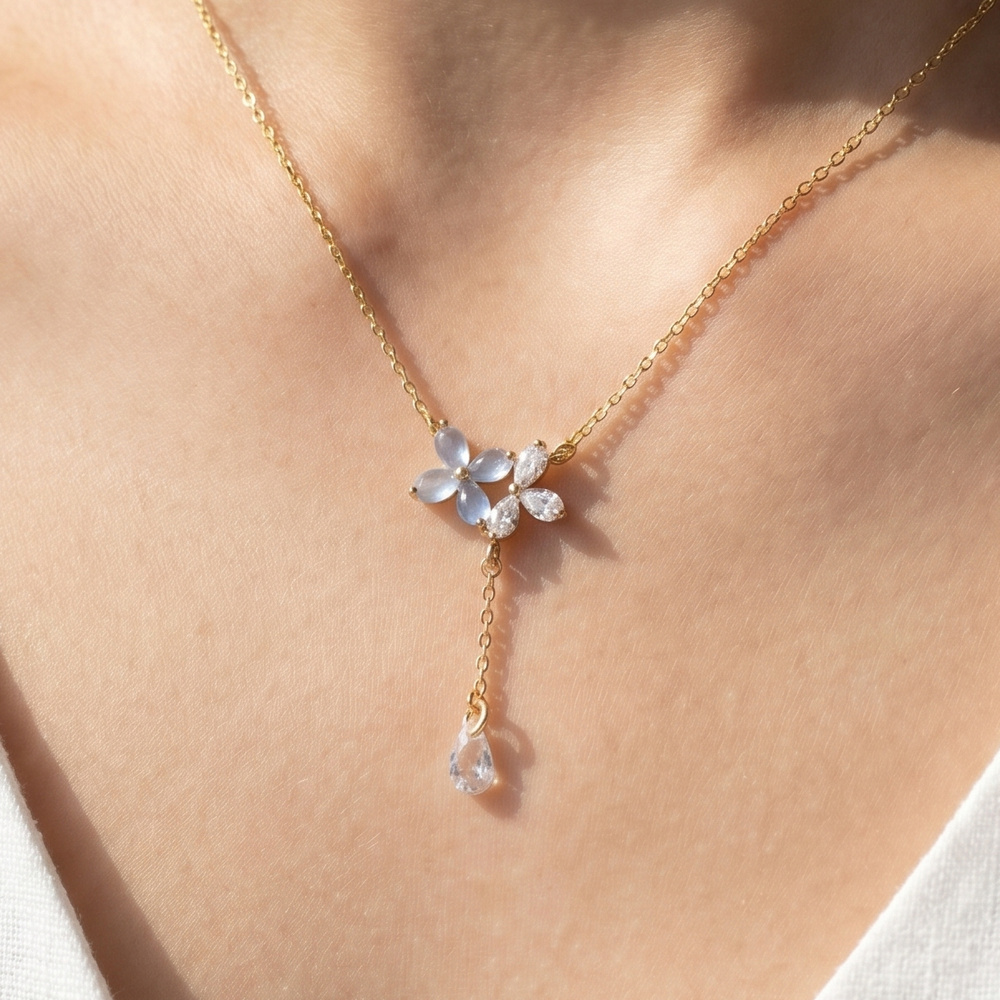 Gold Dipped Dual Cz Flower Lariat Necklace