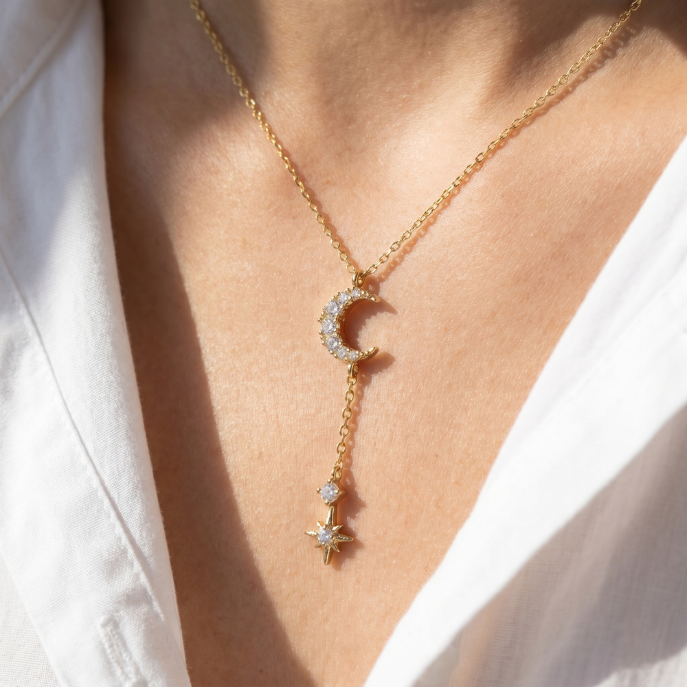 Gold Dipped Cz Pave Moon Star Lariat Necklace