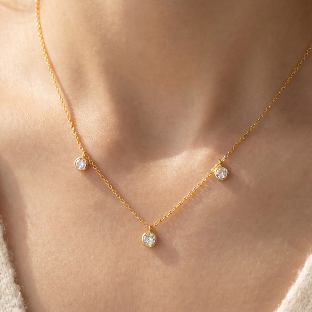 Dainty Triple Round Cz Bezel Drop Station Necklace