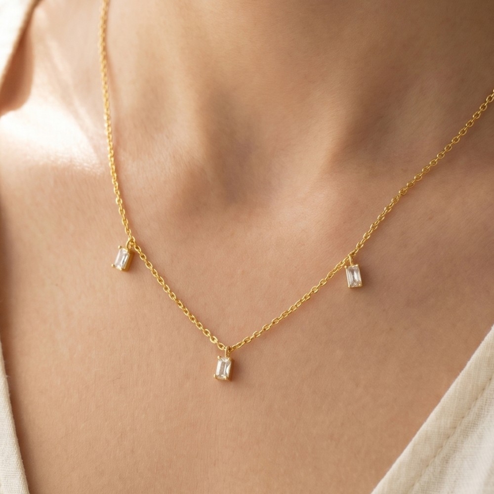 Dainty Triple Baguette Cz Bezel Drop Station Necklace