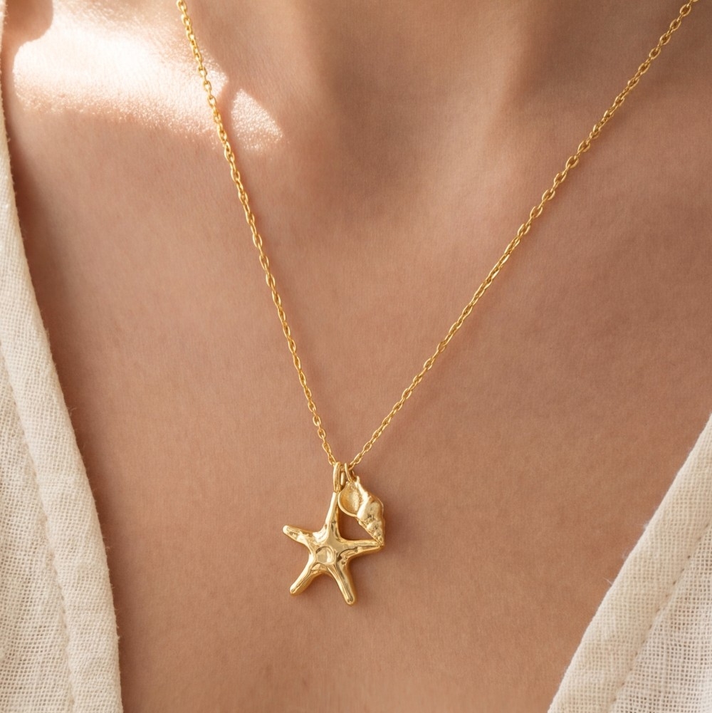 18K Gold Starfish Shell Charm Pendant Necklace