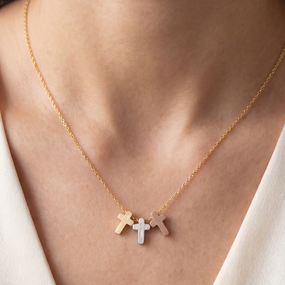 18K Gold Dipped 3 Cross Pendant Necklace