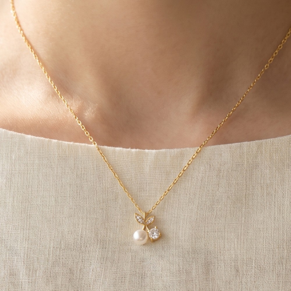 Pearl & Cz Cherry Pendant Necklace