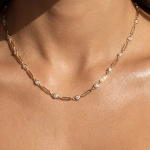 Cz Bezel Station Bar Link Chain Necklace