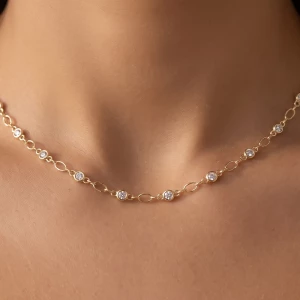 Cz Bezel Station Oval Link Chain Necklace