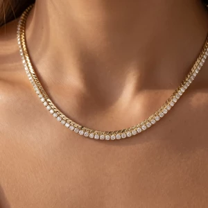 Herringbone Chain Cz Tennis Row Necklace