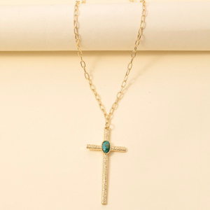 Oval Turquoise Stud Long Cross Pendant Necklace