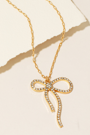Solid Rhinestone Ribbon Bow Pendant Chain Necklace