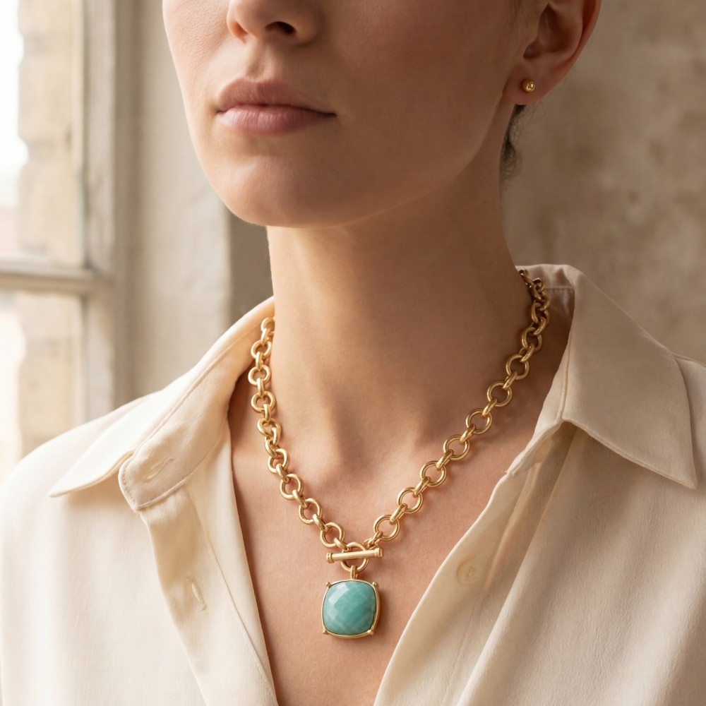 Large Square Faceted Stone Pendant Toggle Chain Necklace