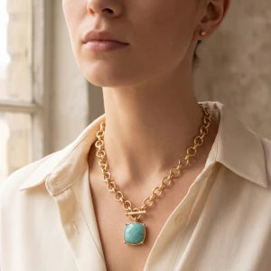 Large Square Faceted Stone Pendant Toggle Chain Necklace