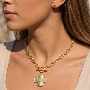 Hammered Cross Toggle Chain Necklace