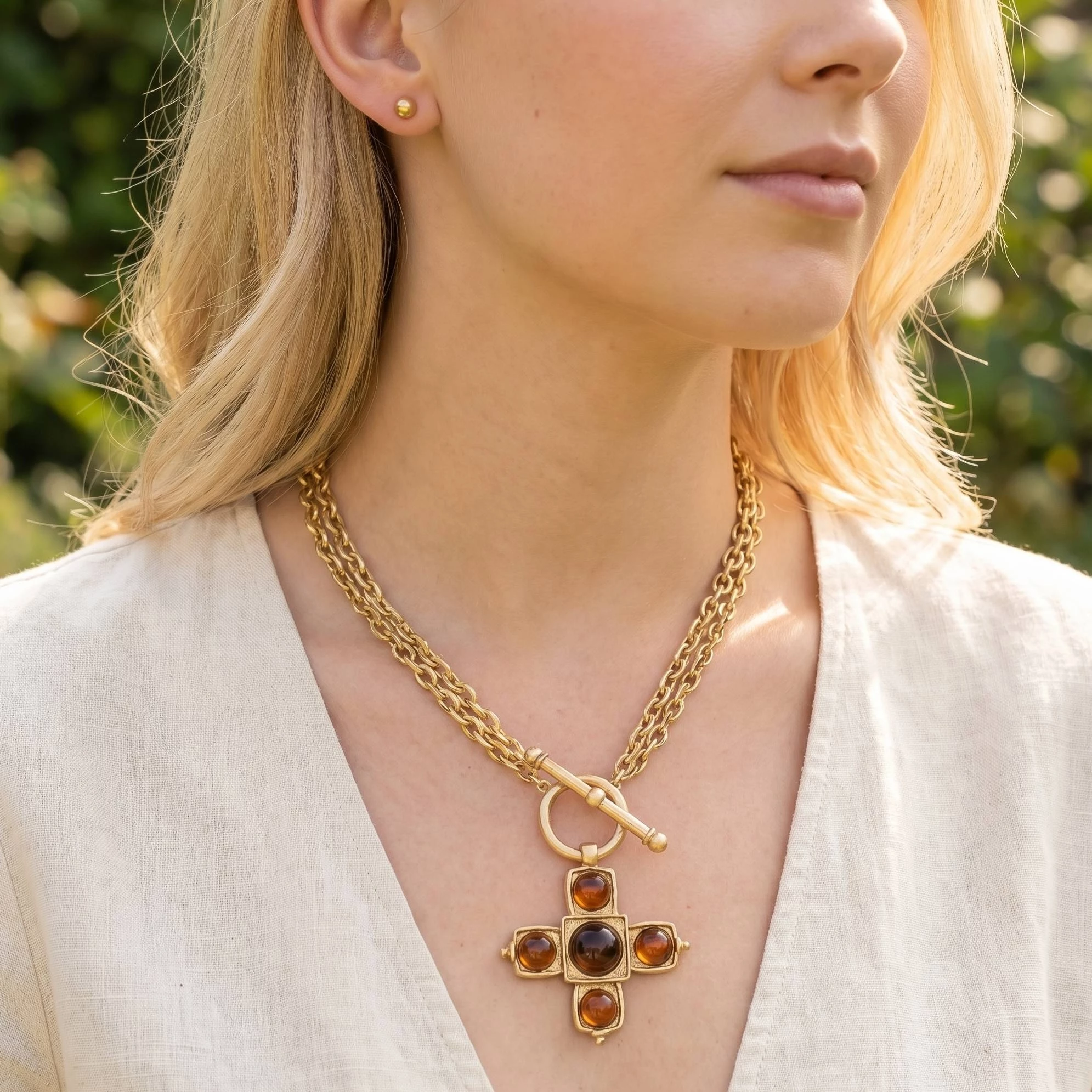 Gold Toggle Tortoise Cross Pendant Necklace Set
