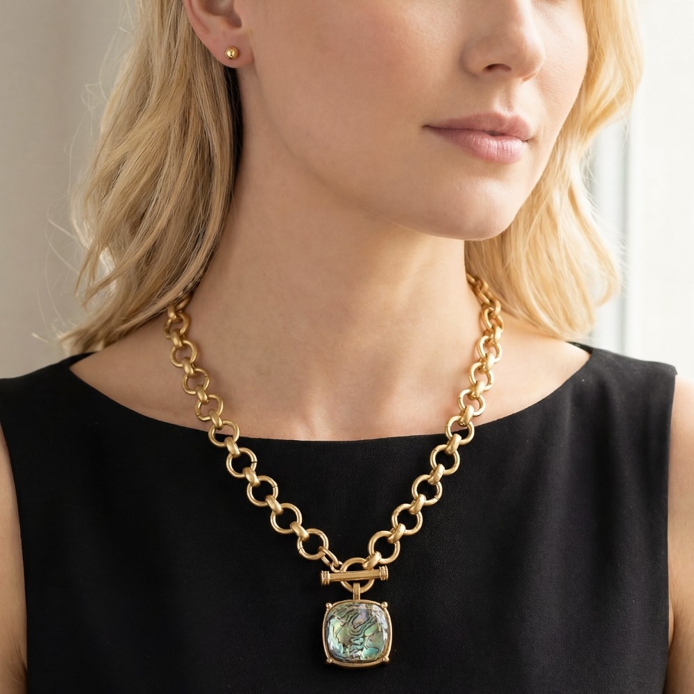 Faceted Square Stone Pendant Necklace Set