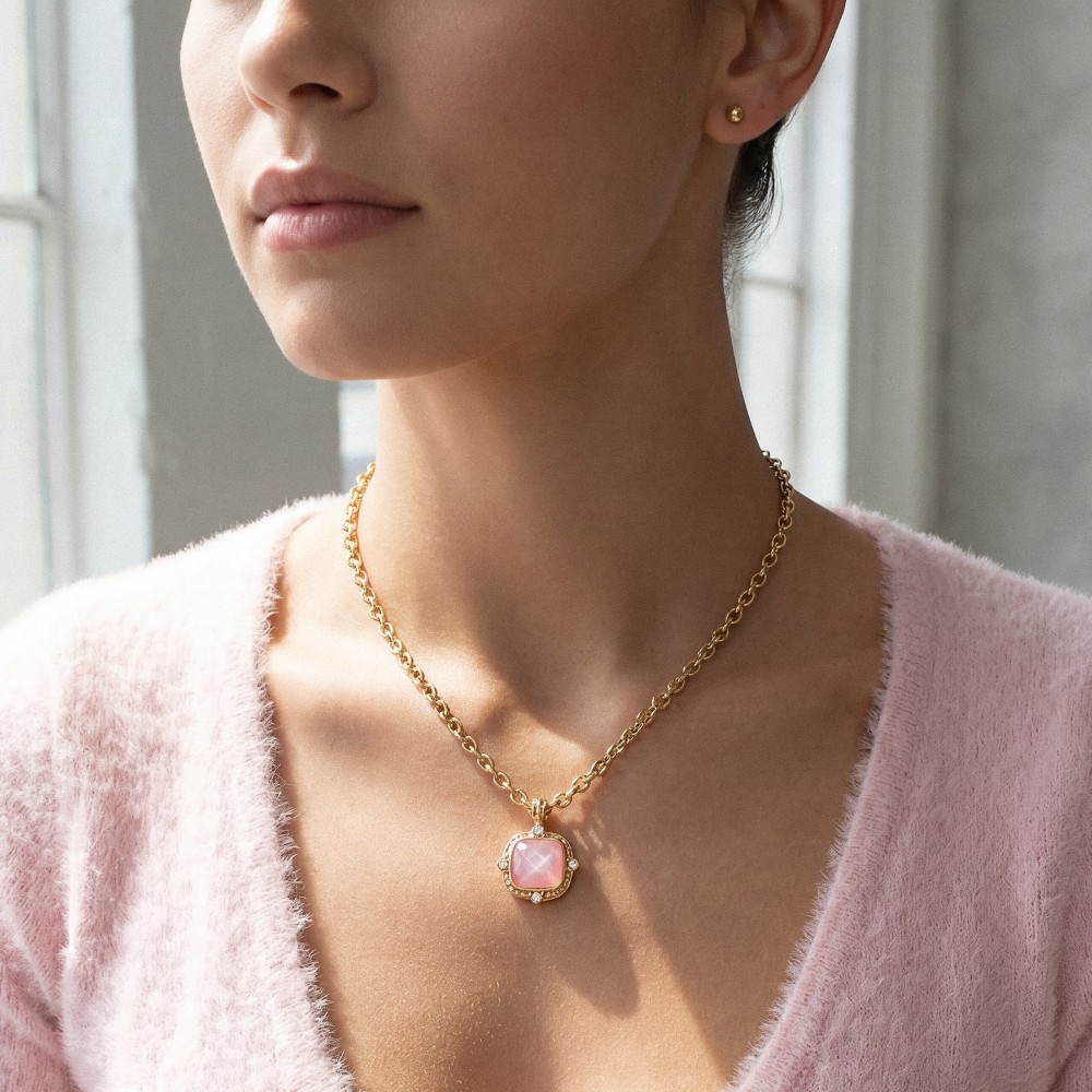 Square Faceted Stone Pendant Chain Necklace Set