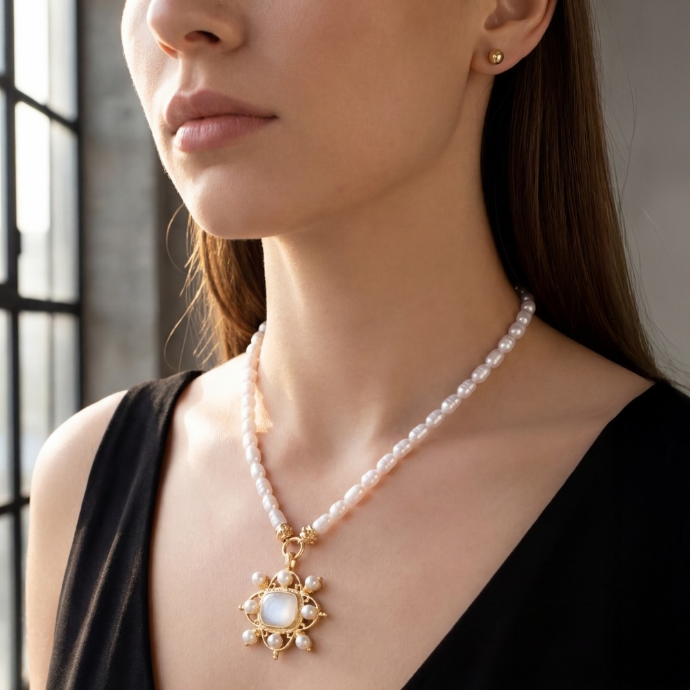 Pearl Beaded Ornate Statement Pendant Necklace Set