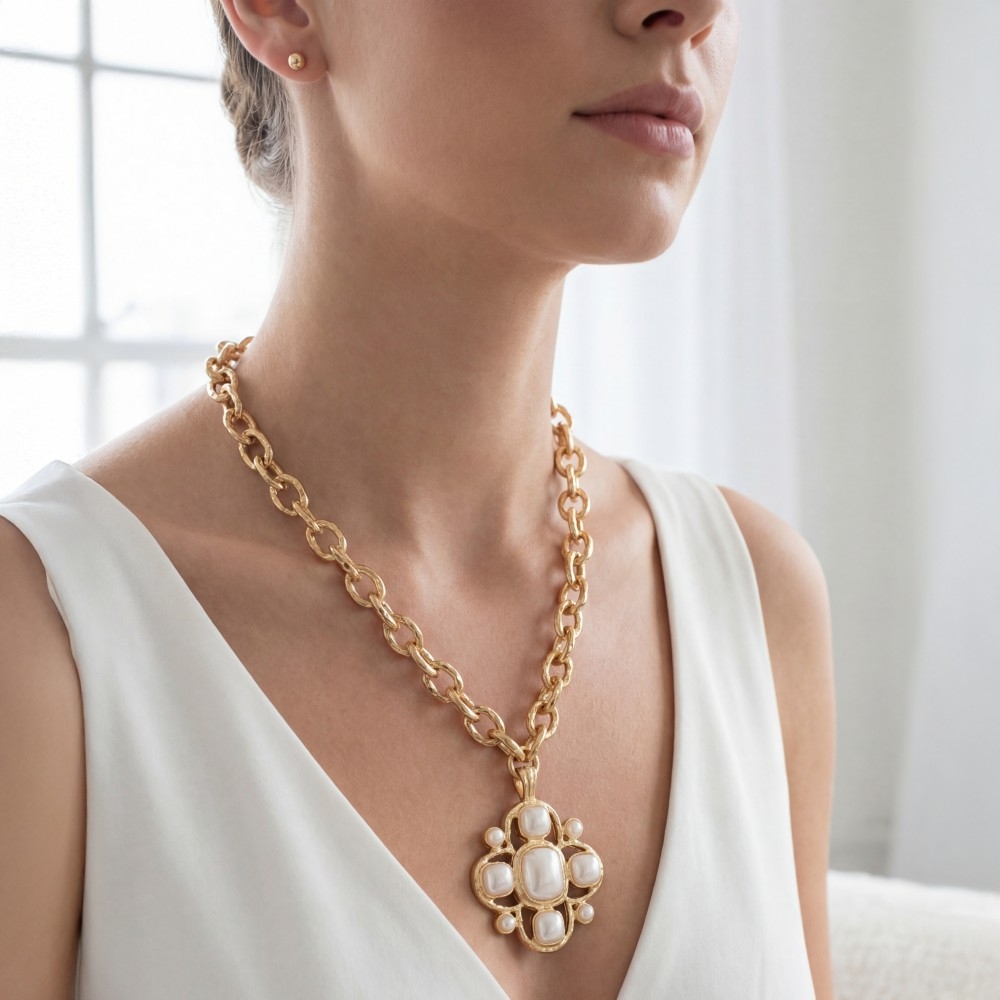 Chain Link Clover Stone Statement Necklace