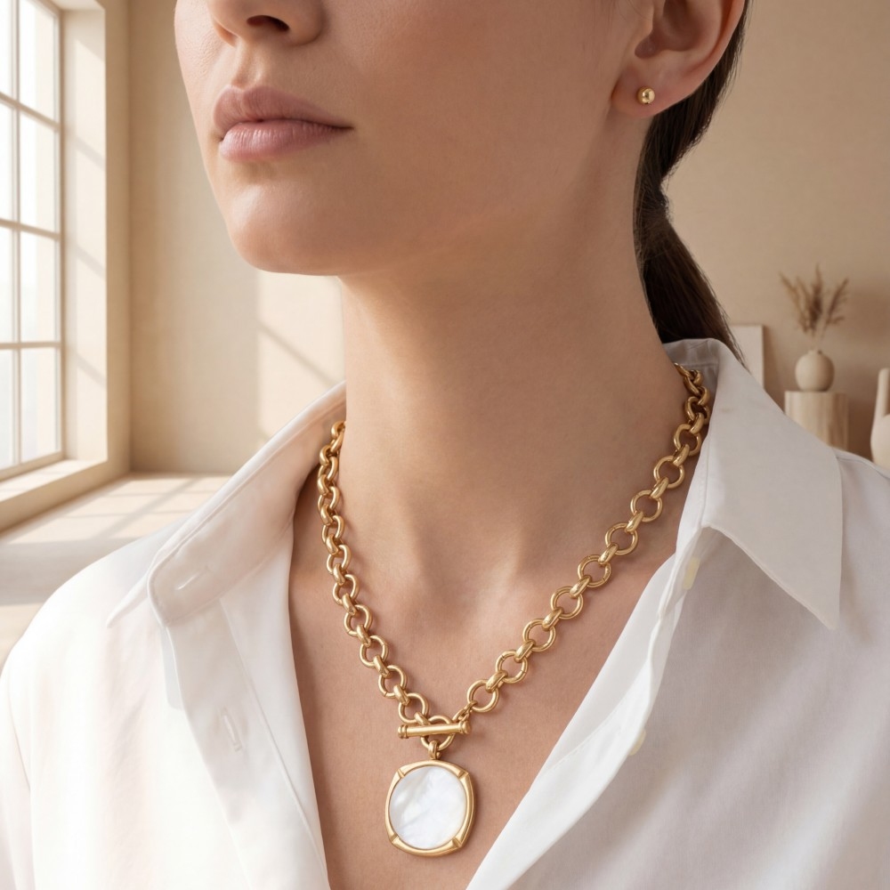 Rounded Mother Of Pearl Disc Pendant Necklace  Set