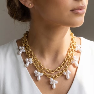 Pearl Cluster Charm Double Chain Necklace