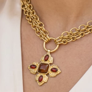 Triple Strand Cross Pendant Cabochon Necklace Set