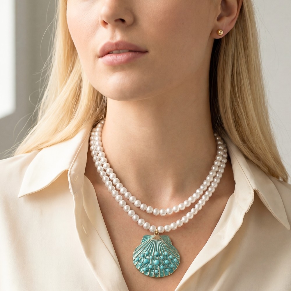 Seashell Pendant Layered Pearl Bead Necklace Set