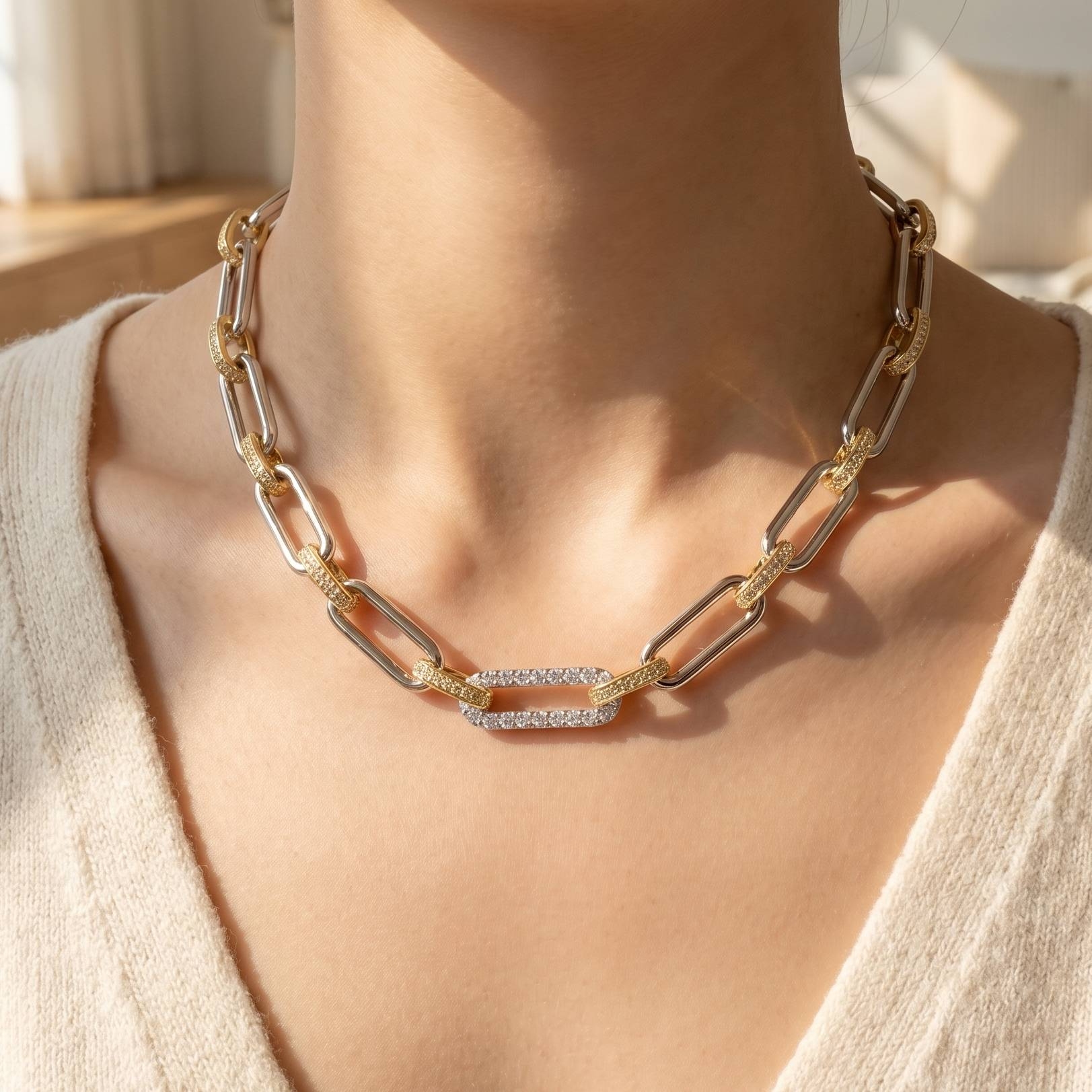 Two Tone Oval Classic Chain Cz Pave Link Classic Chain Necklace