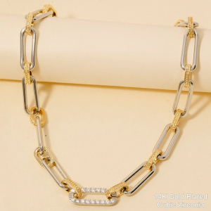 Two Tone Oval Classic Chain Cz Pave Link Classic Chain Necklace