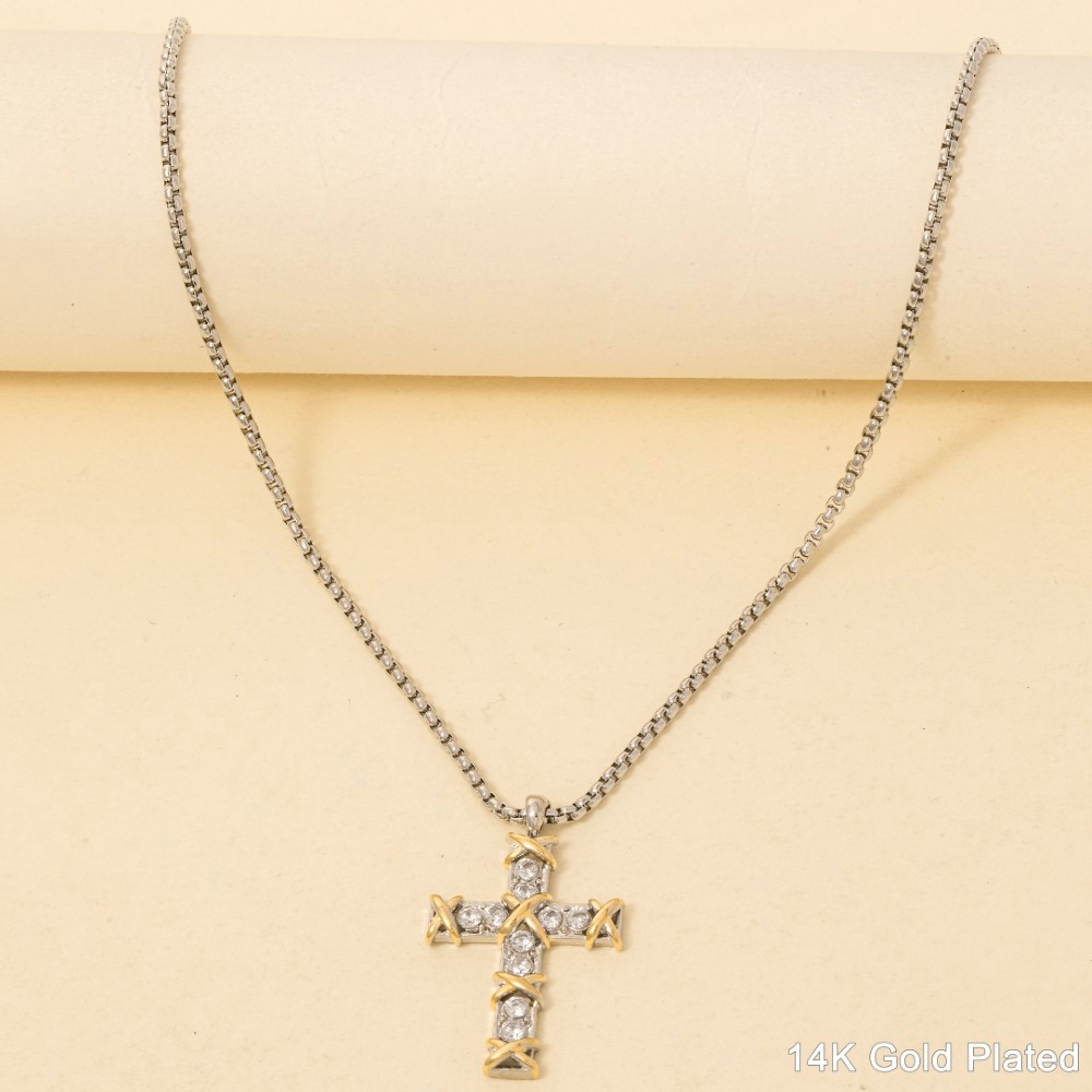 Gold Dipped Two Tone Cz Cross Pendant Necklace
