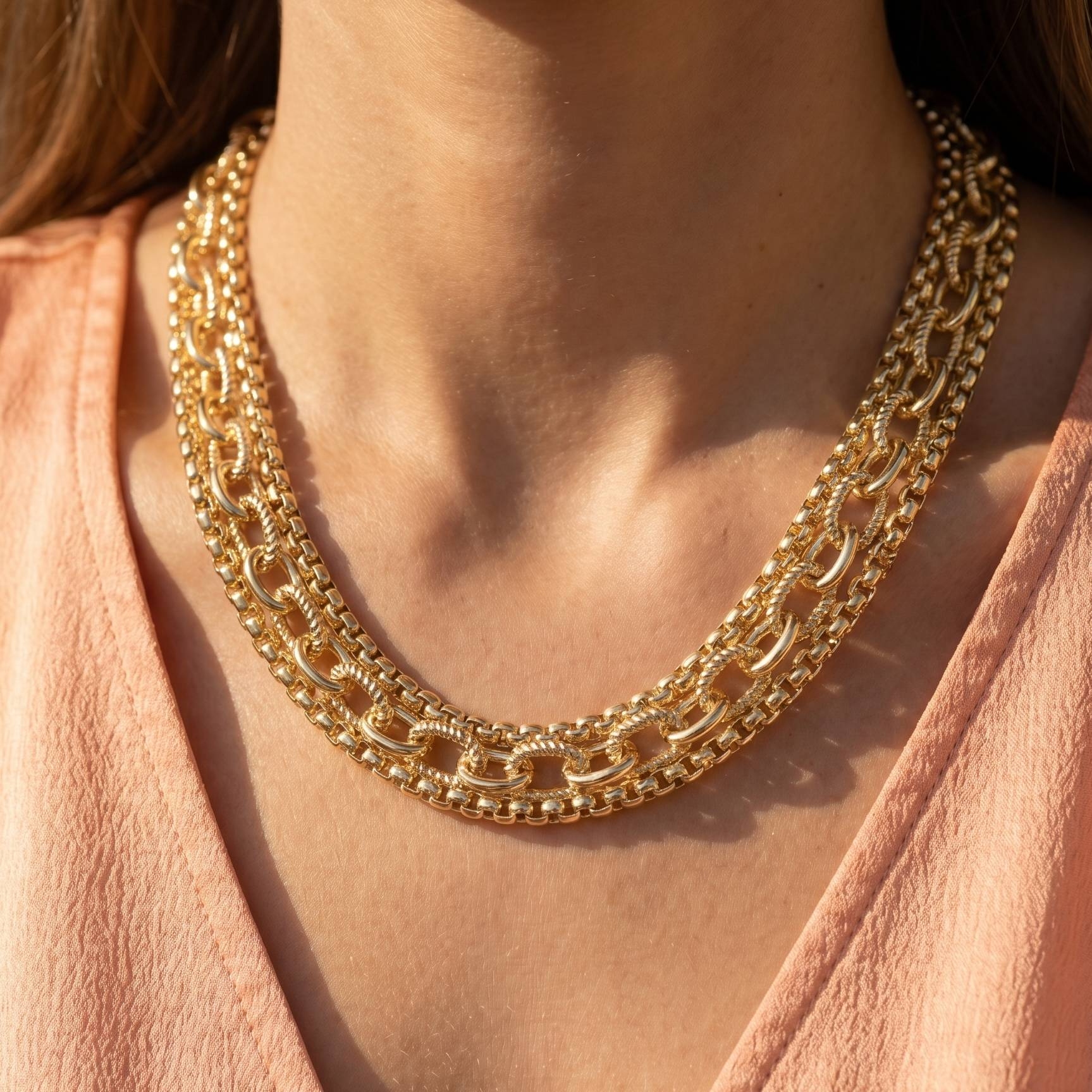 Gold Plated Assorted Layered Chains Necklace