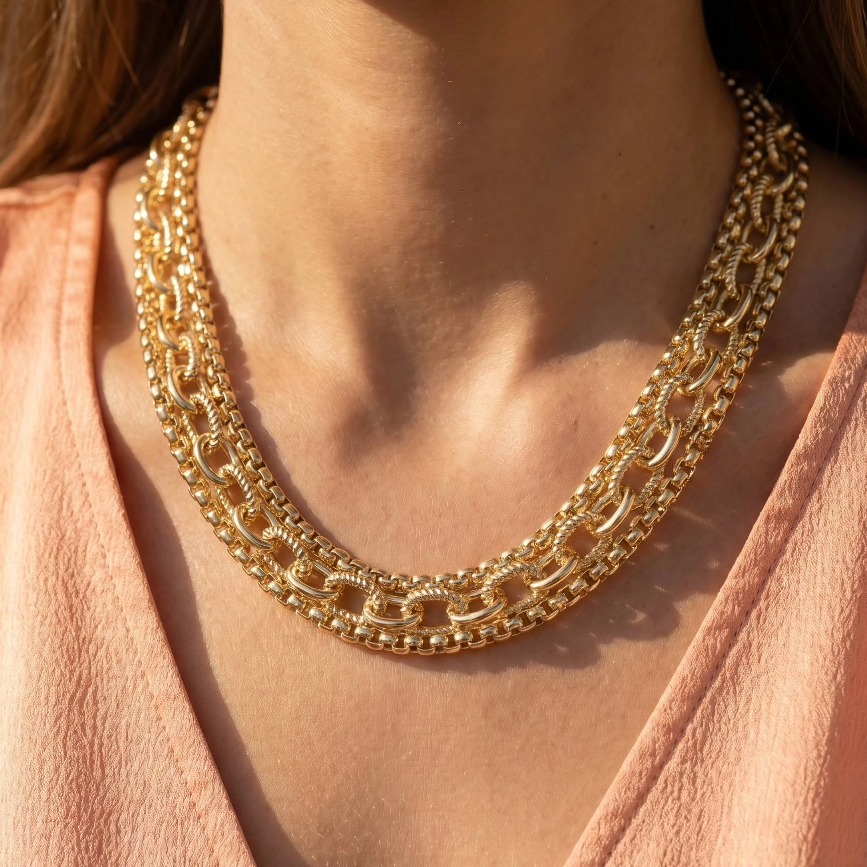 Gold Plated Assorted Layered Chains Necklace