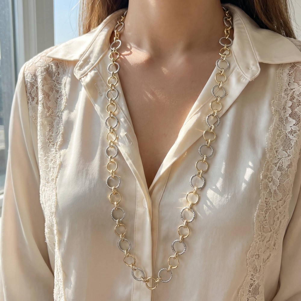 Two-Tone Alternating Round Link Long Necklace