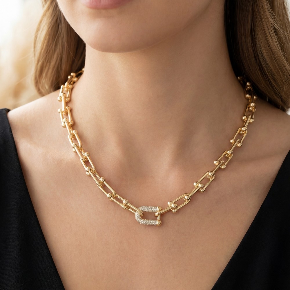 Gold Dipped Pave Charm Chain Necklace