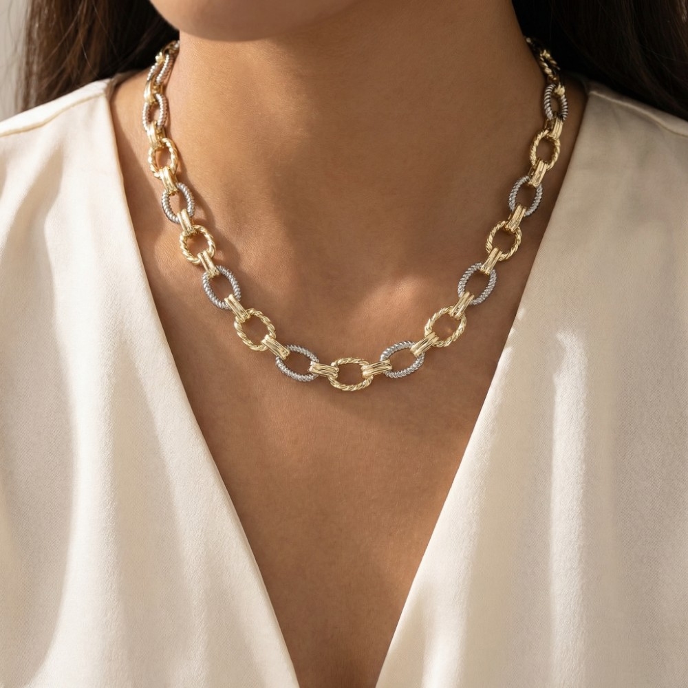 Gold Dipped Two Tone Textured Oval Chain Necklace