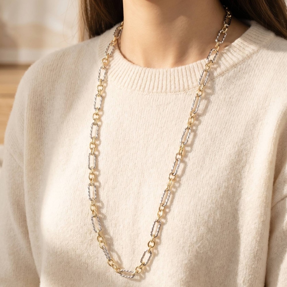 Two-Tone Textured Oval & Round Link Long Necklace